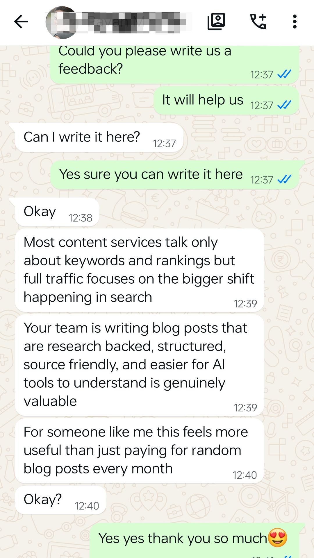 WhatsApp testimonial from a client praising research-backed blog content