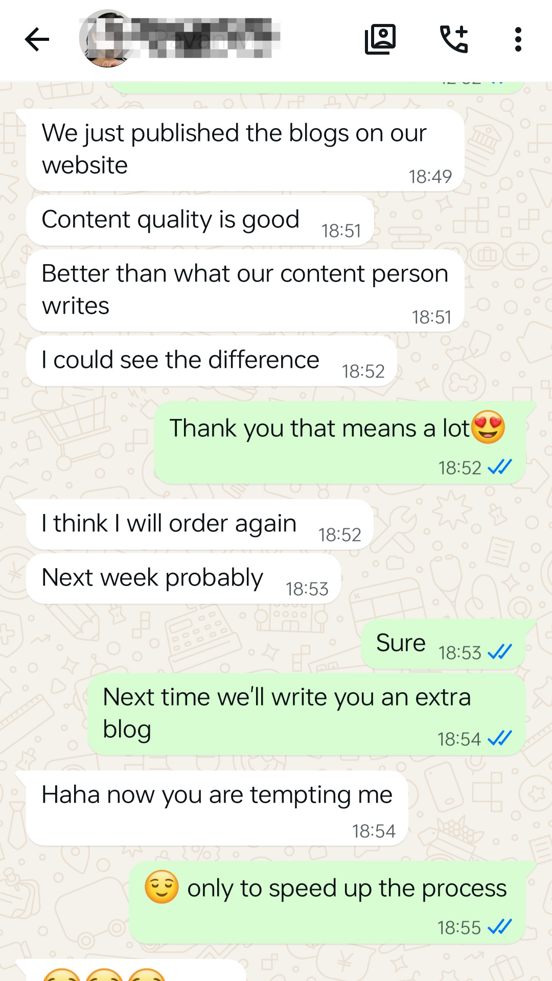 WhatsApp testimonial from a client about impressive blog quality