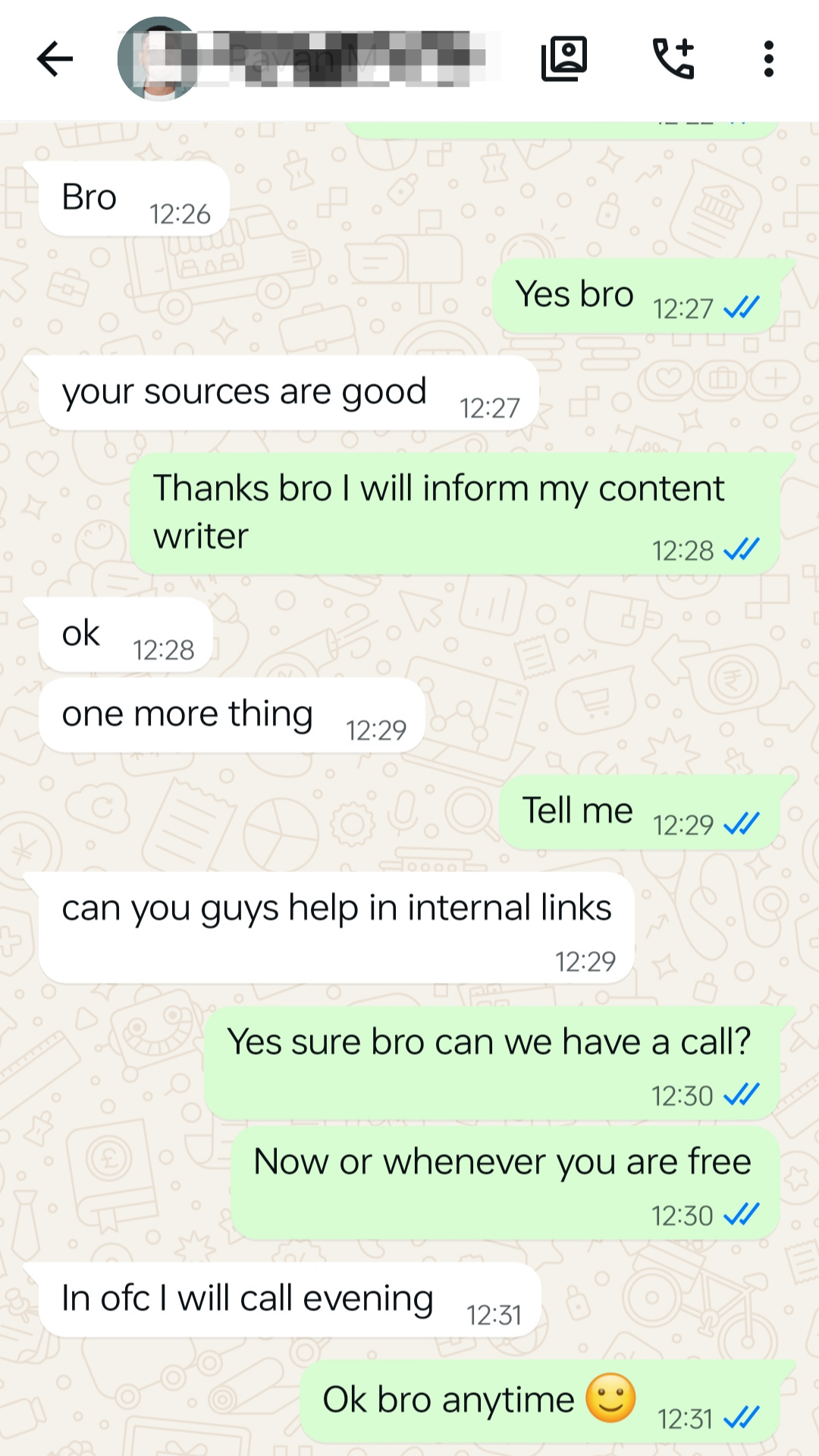 WhatsApp testimonial from a client about credible sources and internal links