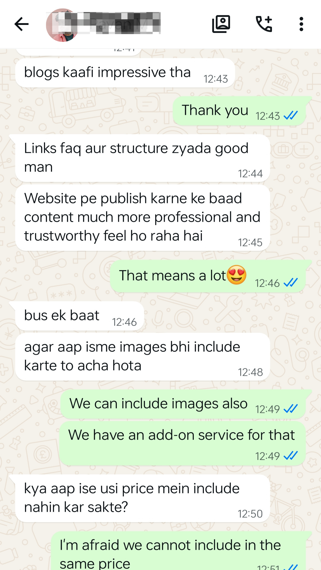 WhatsApp testimonial from a client about professional blog structure and FAQs