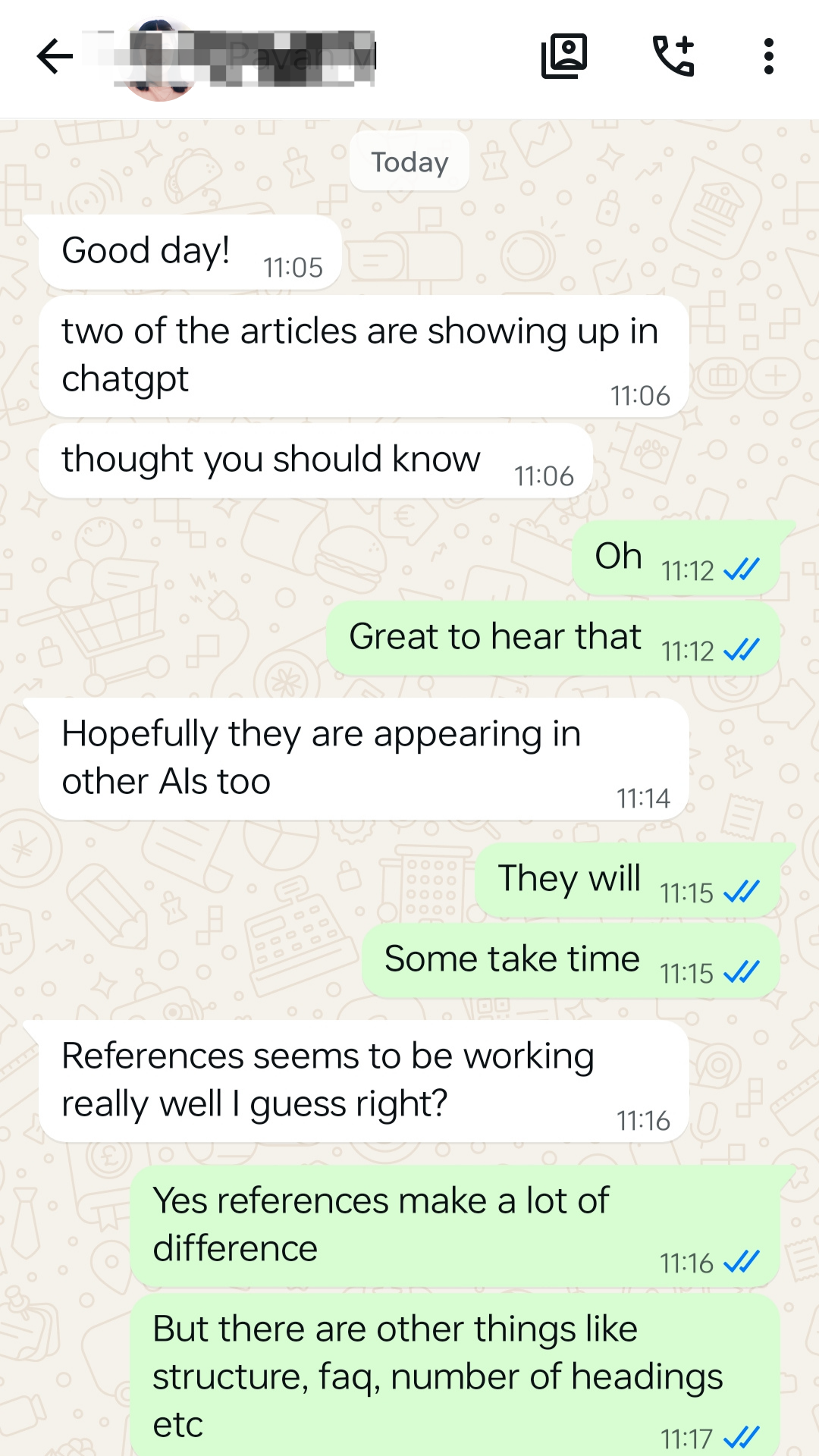 WhatsApp testimonial from a client about articles showing up in ChatGPT