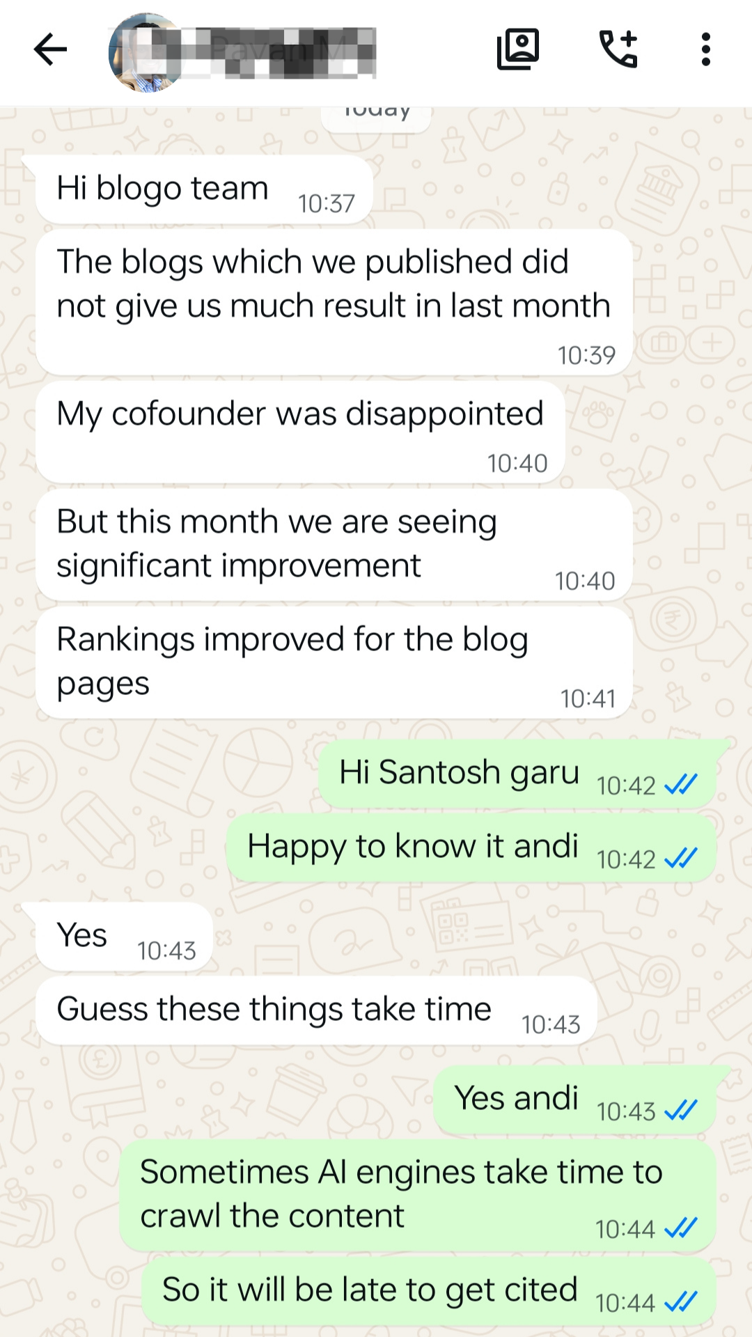 WhatsApp testimonial from a client about improved blog rankings and AI visibility
