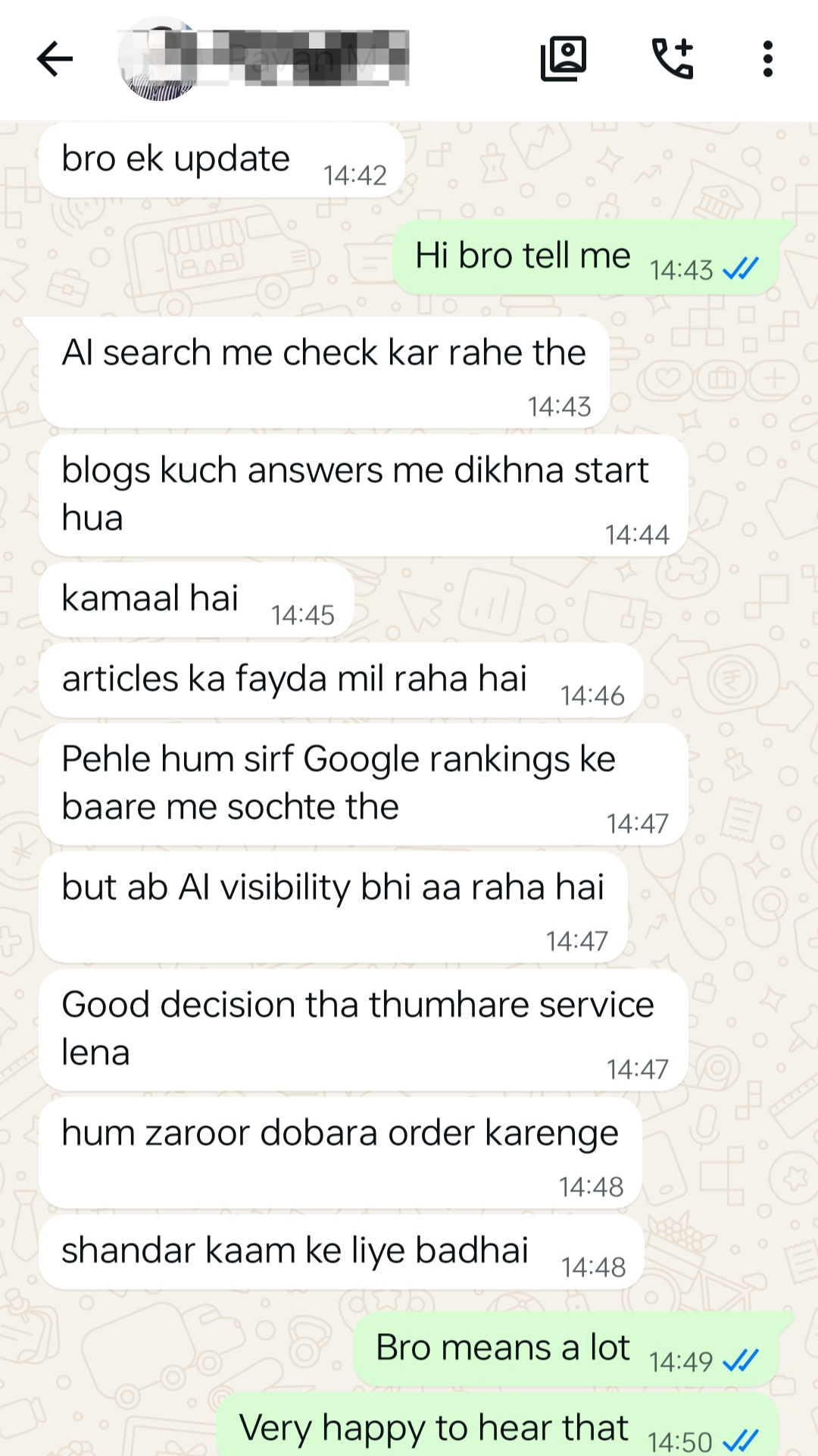 WhatsApp testimonial from a client about blogs appearing in AI search answers