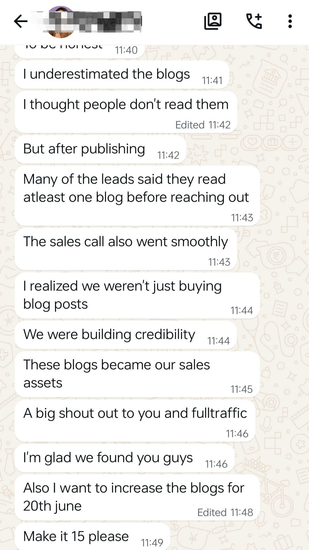 WhatsApp testimonial from a client about blogs becoming sales assets