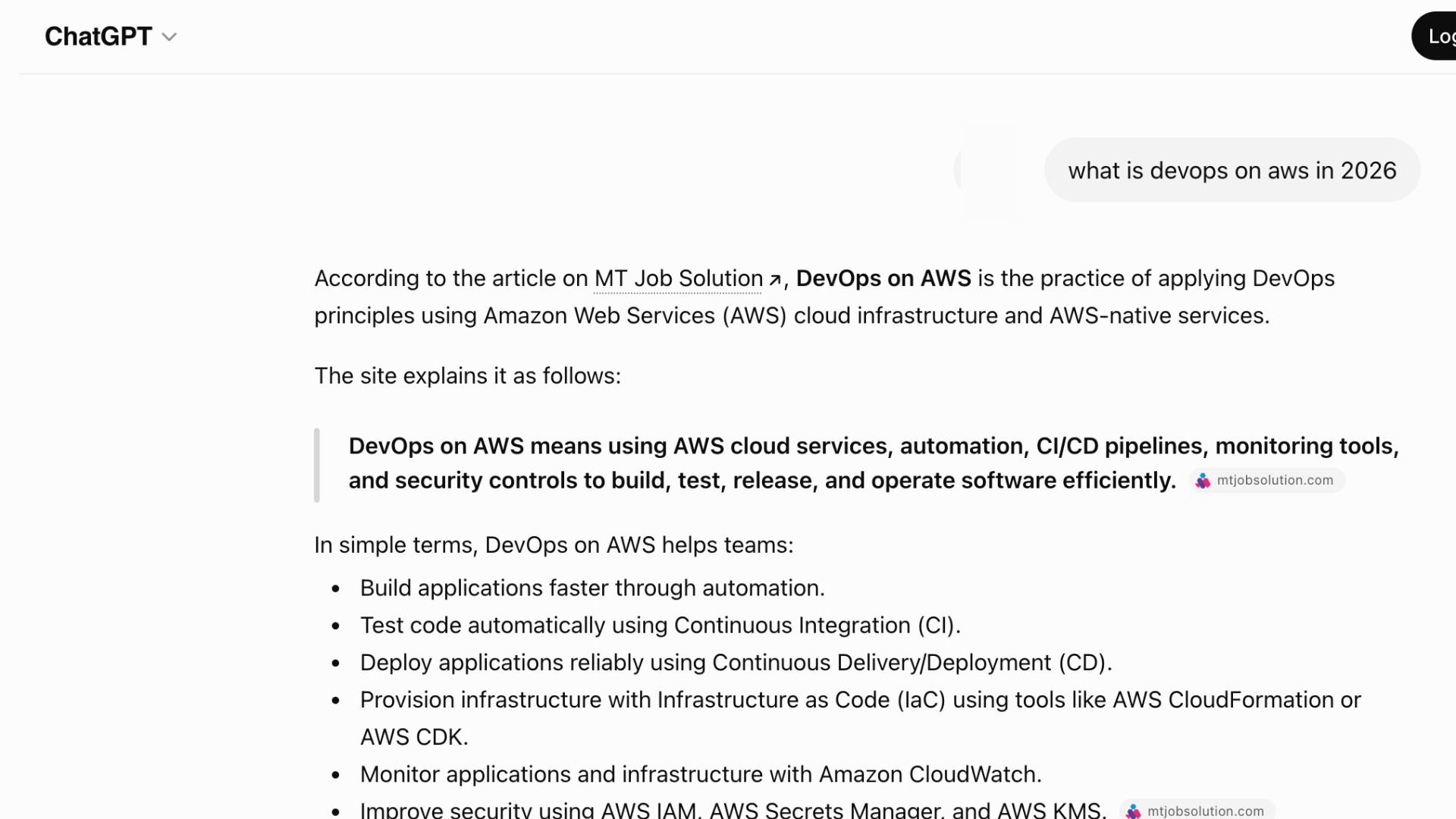 ChatGPT citing a blog post about DevOps on AWS