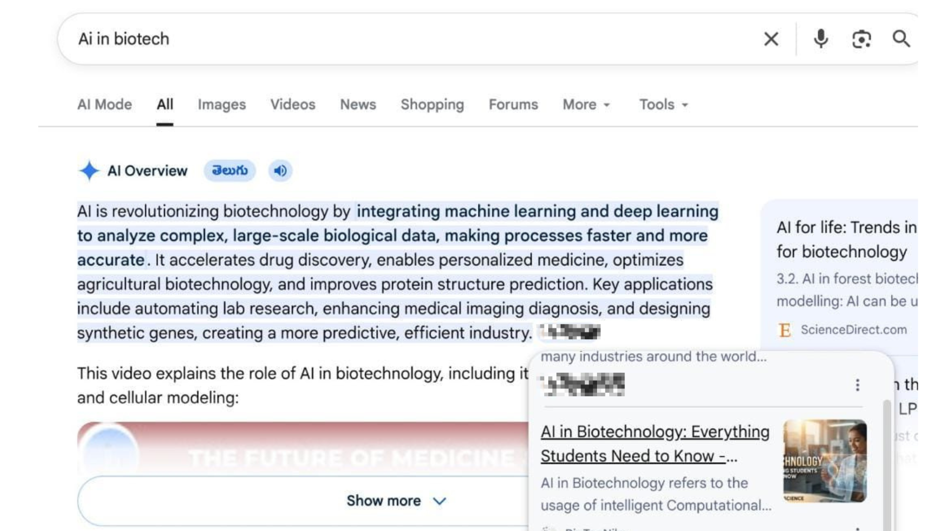 Google AI Overview citing a blog post about AI in biotechnology