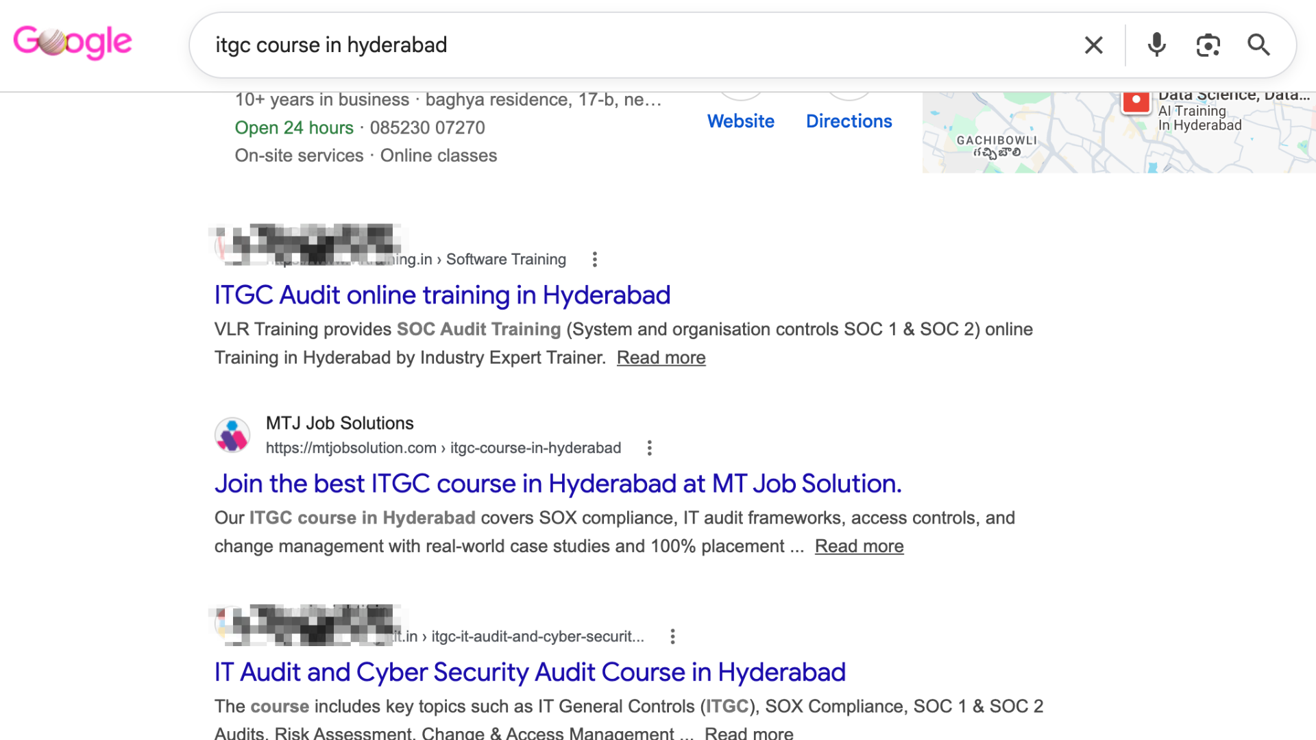 Google search ranking for ITGC course in Hyderabad